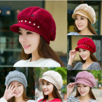 Women Girl Rabbit Fur Pearl Knitted Beanie Hat Thick Beret Snapback Winter Soft Cap