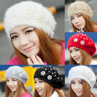 Women Ladies Rabbit Fur Cotton Flower Pearl Beaded Beret Hat Knitted Winter Soft Cap
