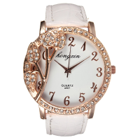 Women Leaf Crystal Dial White Pu Leather Band Quartz Wrist Watch