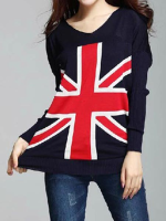 Women Loose British Union Jack Printed V Neck Sweater