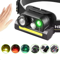 XPG + COB rood en groen licht met ingebouwde batterij, USB opladen, golfgevoelige zoom, sterke licht koplamp met magneet