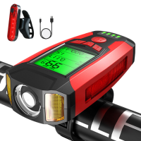 BIKIGHT Fietslicht Set 3 in 1 350LM Koplamp Snelheidsmeter Hoorn met 4 Modi Achterlicht Fiets Waarschuwingslicht