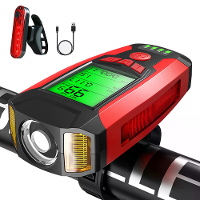 BIKIGHT Fietsverlichtingsset 3 in 1 350LM Koplamp Snelheidsmeter Hoorn met 4 Modi Achterlicht Fiets Waarschuwingslicht
