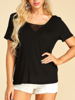 YOINS Black Lace Insert V hals T shirt met korte mouwen