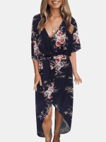 Bloemenprint Riem Hoog laag Half Mouw V hals Maxi Jurk