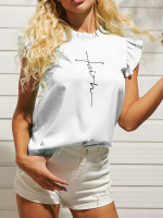 Blouse met ruches, ronde hals en korte mouwen met letterprint