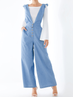 Dames effen kleur effen V hals knoopzak Casual rug kriskras jumpsuit