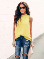 Effen ruche trim opstaande kraag mouwloze casual tanktop