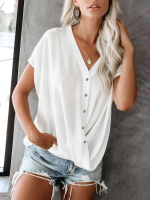 Effen V hals Knoopsluiting Korte mouw Casual blouse