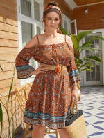Ethnic Print Off Shoulder Knotted Plus Size Dress