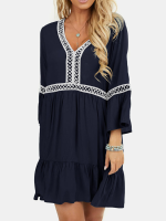 Lace Embroidered Pleated V neck Long Sleeve Casual Dress for Women