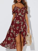Willekeurige bloemenprint Ruffle Slit Cold Shoulder jurk met korte mouwen