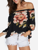 Zwarte spleet ontwerp willekeurige bloemenprint off shoulder blouse
