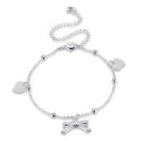 Yueyin 925 Silver Plated Anklet Bracelet Sweet Heart Bowknot Pendant Sandal Foot Chain