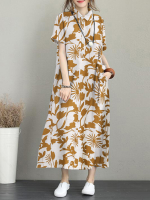 Bloemenprint Zakknooprevers Casual Maxi jurk met korte mouwen