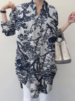 Dames 100% katoen losse geometrische gesplitste zijvork bloemen casual blouses met omgeslagen kraag