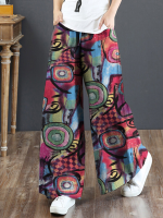 Dames 100% katoenen uitlopende wijde broek met bloemenprint en retro zijzakken