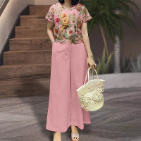 ZANZEA Dames 2 delige pakken Bloemmotief Korte Mouw O Hals Top Elastische Taille Brede Pijpen Vintage Sets