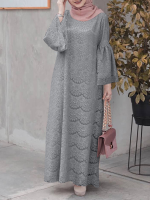 Dames Abaya Kaftan Kant Patchwork Falre Mouw Enkellange Casual Midi Jurken