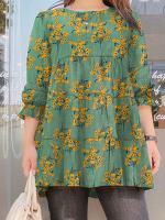 Dames Bloemen Pofmouwen Gesplitste Knopen Geplooide O hals Casual Blouses