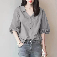 ZANZEA Dames Blouse Vervoer Nieuwe Mode Lantaarnmouw V hals Kraag Effen Kleur Kantoortop Shirt