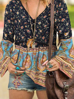 Dames Bohemian Retro Bloemenprint V hals Knielengte Casual Blouses