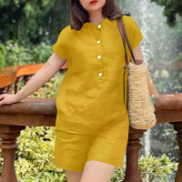 ZANZEA Dames Casual 2 delige Sets Korte Mouw Top Blouse Elastische Taille Broek Losse Kostuums