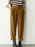 Dames Corduroy Geplooide Elastische Taille Zijzakken Casual Broek