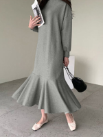 Dames Effen Kleur Sweatshirt Jurk Ruche Pofmouw Kuitlengte O hals Midi Jurken