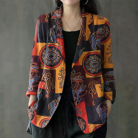 ZANZEA Dames Etnische Prints Blazer Vakantie Dunne Pak Jas Retro Revers Katoen Linnen Print Lange Mouw Blazer