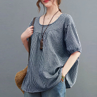 ZANZEA Dames Geruite Blouses Shirt Trendy Casual Ronde Hals Top met Plooien Korte Lantern Mouwen Shirt Loose Fit