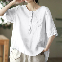 ZANZEA Dames Plus Size Blouse Katoen Linnen Effen Knop Pocket Casual Korte Mouwen Shirt