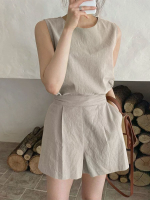 ZANZEA Dames Plus Size Effen Rug Split Mouwloze Tanktop en Short met Zak Elastische Taille Katoen Linnen Twee Stuks Pak