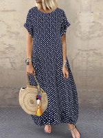 Dames Polka Dot Print O hals Korte Mouw Maxi Jurk