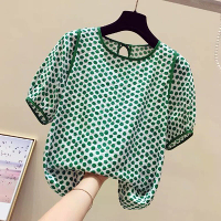 ZANZEA Dames Polka Dot Top met Rugstrik,Lantaarnmouwen en Open Voorkant Ontwerp,Dames Crew Neck Blouses Korte Mouw Shirt