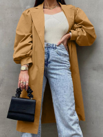 Dames Puff Mouw Effen Kleur Zijzakken Reverskraag Volledige Mouw Kuitlengte Vest