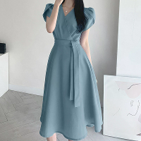 ZANZEA Dames Puff Sleeve V Hals Ceintuur A Lijn Midi Jurk Feest Gown Lange Jurken