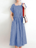 Dames Squre Neck Plaid Kuitlengte Zijzakken Casual Midi jurken