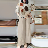 ZANZEA Dames Twee Delige Set Elegante Sets Crew Neck Lantaarnmouw Graphic Print Tops Wijde Pantalons Kostuums