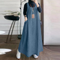ZANZEA Damesmode Denim Dungaree Jurk Zomer Mouwloos Casual Losse Zomerjurk Effen Kleur Maxi Jurk Met Zakken