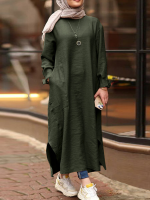 Effen kleur O hals Lange mouwen Splited Robe Kaftan Pocket Casual Maxi jurk Legergroen Maat M