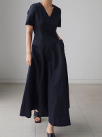Effen zak korte mouw V hals Swing maxi jurk