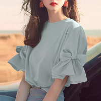 ZANZEA Elegante stijl Dames Shirts Blouses Vrouwelijke ronde hals Rimpel mouwen Tops Zijdige strik Solide Blouses