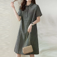 ZANZEA Elegante Stijl Damesjurken Dagelijkse Korte Mouw Lapel Ruit Losse Midi Overhemdjurk
