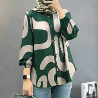 ZANZEA Etnische Stijl Dames Blouse Lantaarn Mouw Geometrisch Patroon Shirt Mode O Hals Knop Sluiting Top