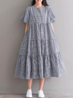Geruite geknoopte ruche ronde hals korte mouw casual maxi jurk