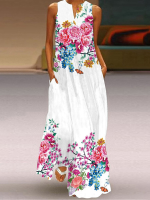 Mouwloze maxi jurk met bloemenprint, zak met halve open kraag