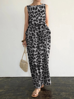 Mouwloze maxi jurk met luipaardprint en ronde hals