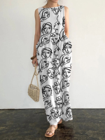 Mouwloze maxi jurk met zak met ronde hals en patroon