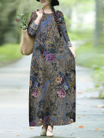 Plantaardige bloemenprint Ronde hals Lange mouw Casual maxi jurk